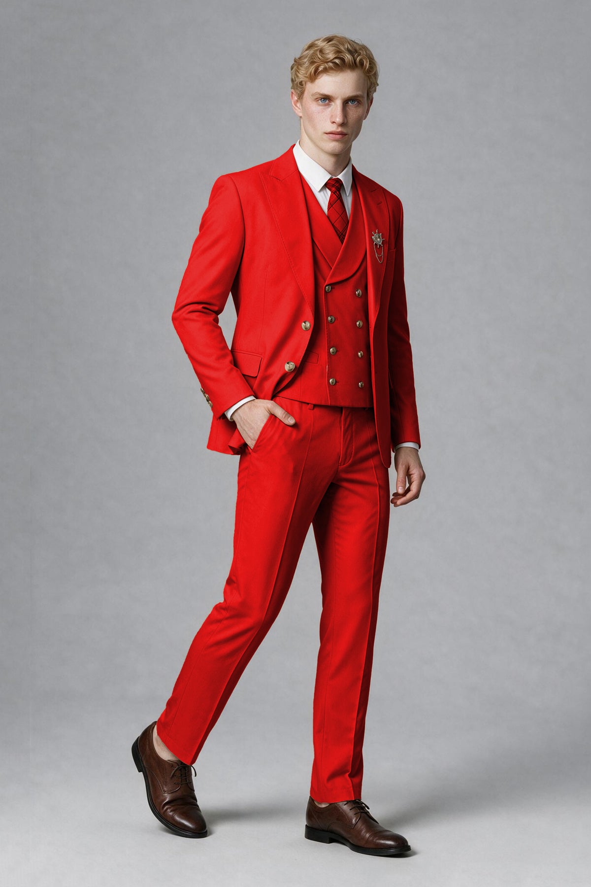 Savile Men's Red Three-Piece Wedding Suit with Double-Breasted Waistcoat - Red