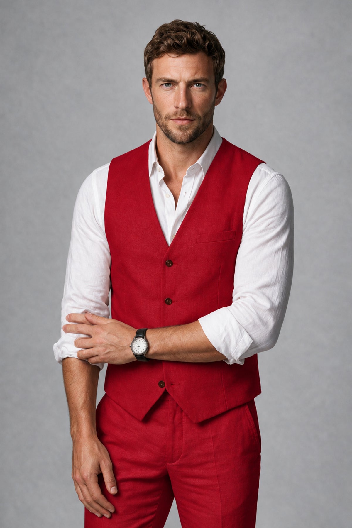 Men's Red Linen Blend Single-Breasted V-Neck Suit Vest | Savile QX0101 - Red
