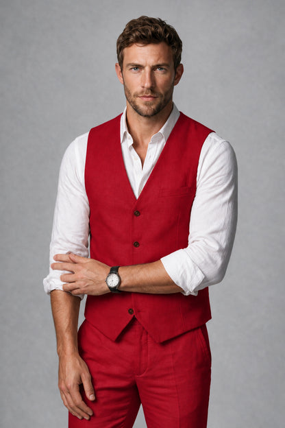 Men's Red Linen Blend Single-Breasted V-Neck Suit Vest | Savile QX0101 - Red