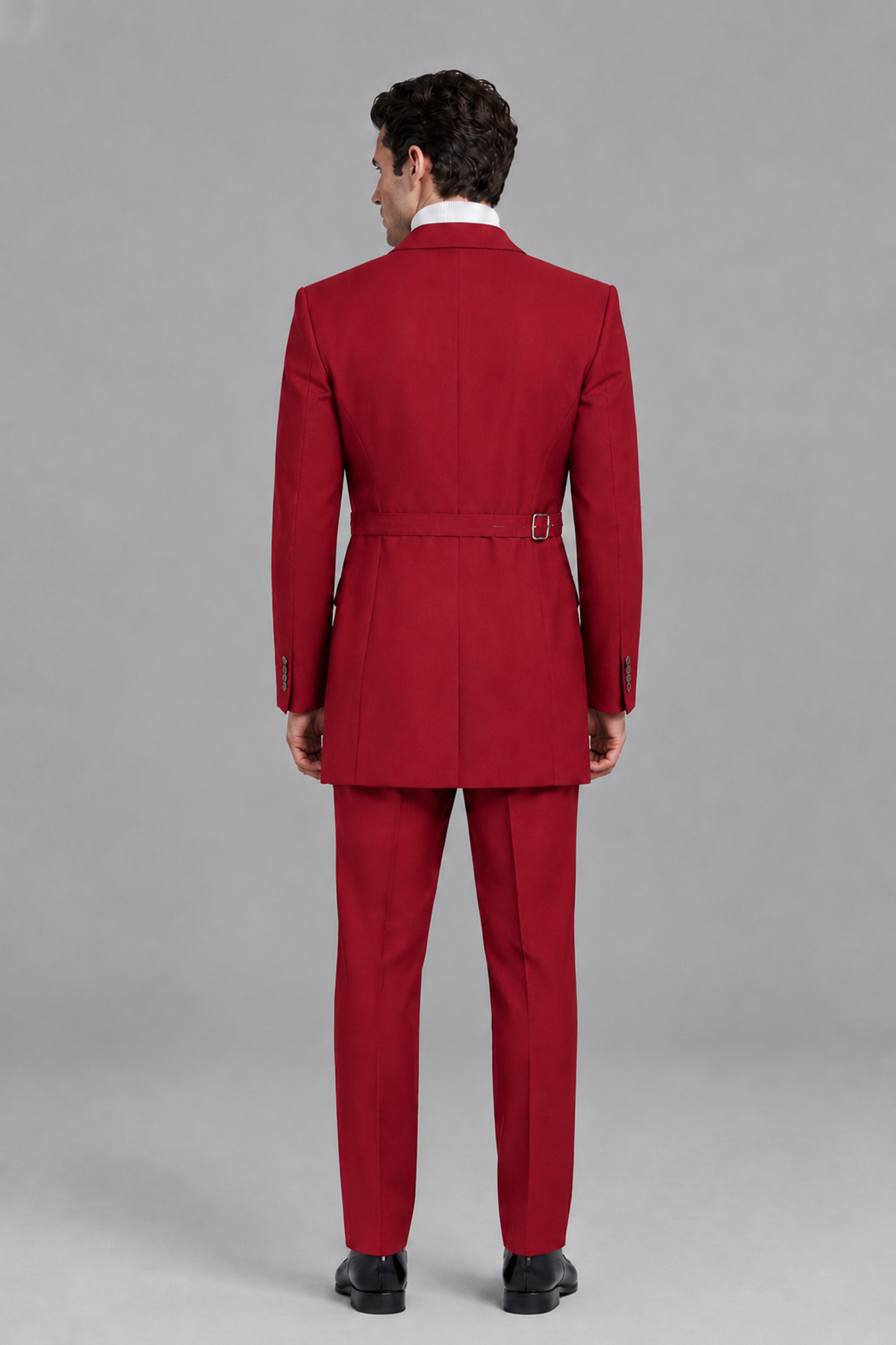 Savile Men's Red Double Buckle Wrap Belted 2-Piece Suit Set – Peak Lapel Slim-Fit Jacket & Trousers - Red - Red_3