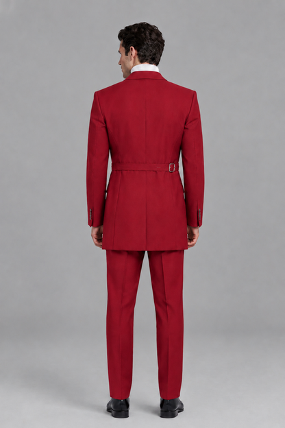 Savile Men's Red Double Buckle Wrap Belted 2-Piece Suit Set – Peak Lapel Slim-Fit Jacket & Trousers - Red - Red_3