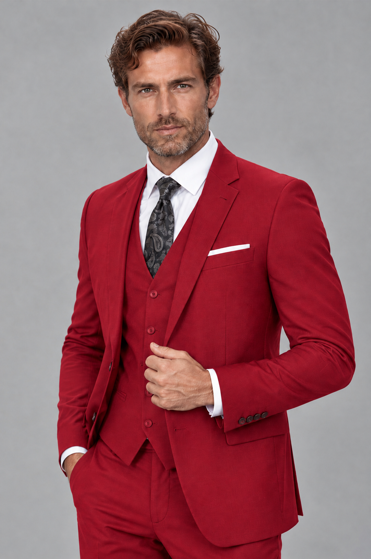Savile Men's Red 3-Piece Suit Set – Notch Lapel Blazer, Vest & Trousers - Red - Red_3