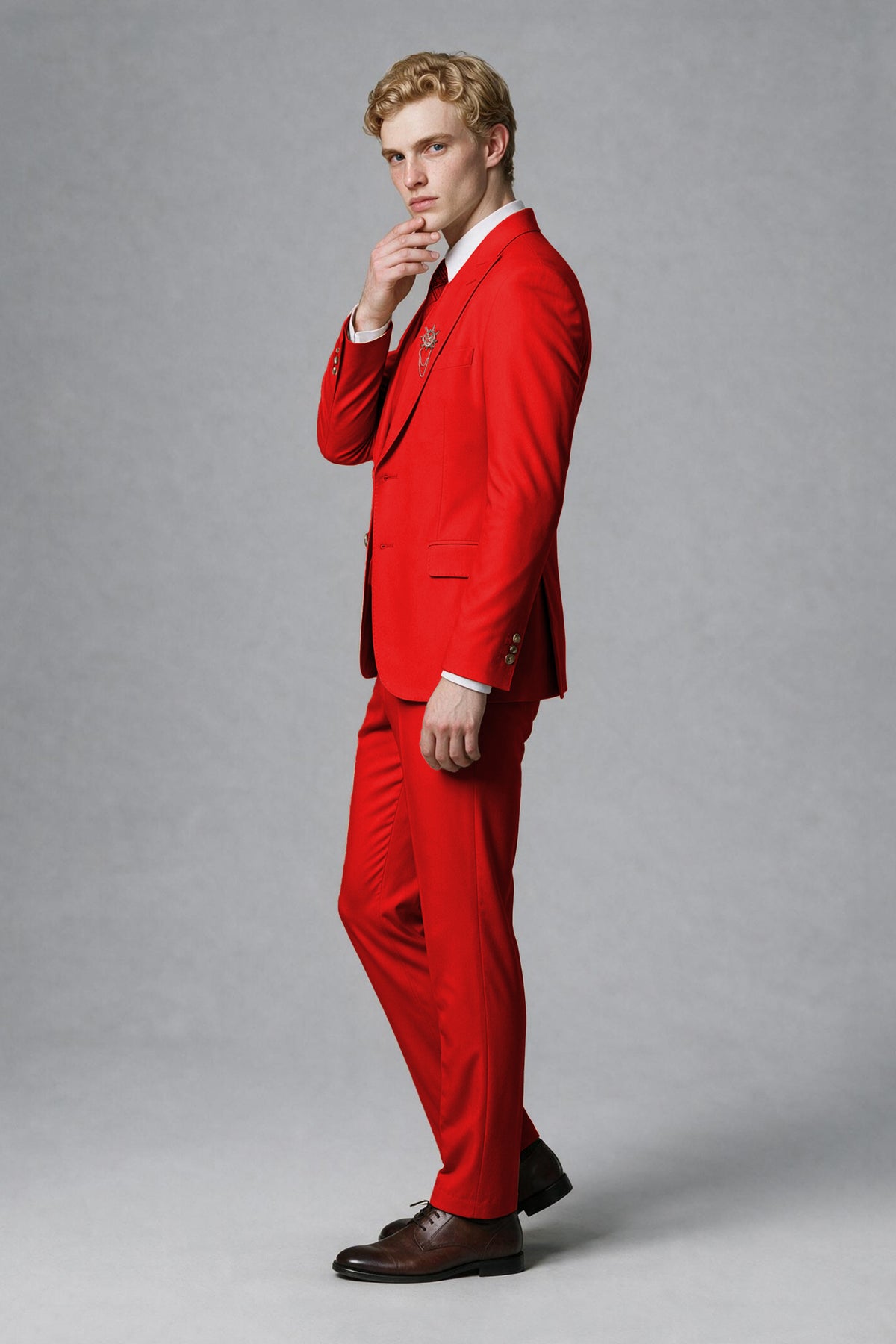 Savile Men's Red Three-Piece Wedding Suit with Double-Breasted Waistcoat - Red
