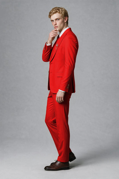 Savile Men's Red Three-Piece Wedding Suit with Double-Breasted Waistcoat - Red