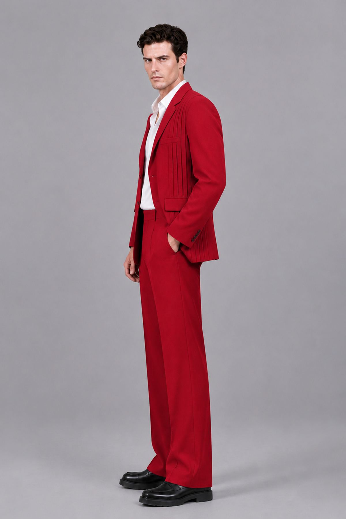 Savile Men's Red Pleated 2-Piece Suit Set | Notch Lapel Blazer & Tailored Trousers - Red - Red_4