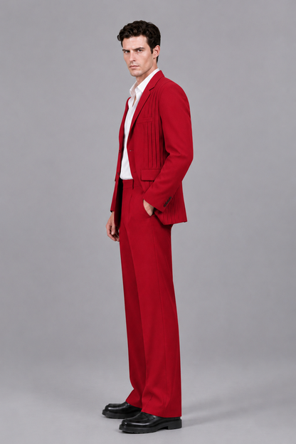 Savile Men's Red Pleated 2-Piece Suit Set | Notch Lapel Blazer & Tailored Trousers - Red - Red_4
