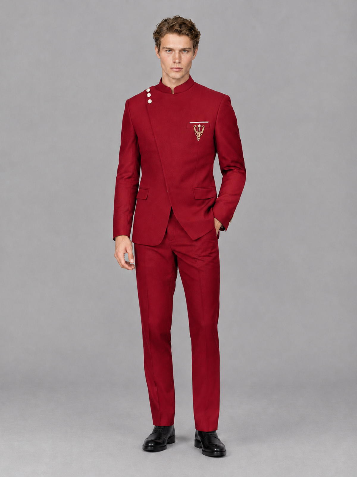 Savile Men's Red Mandarin Collar Asymmetrical 2-Piece Suit Set – Modern Jacket & Trousers - Red - Red_4