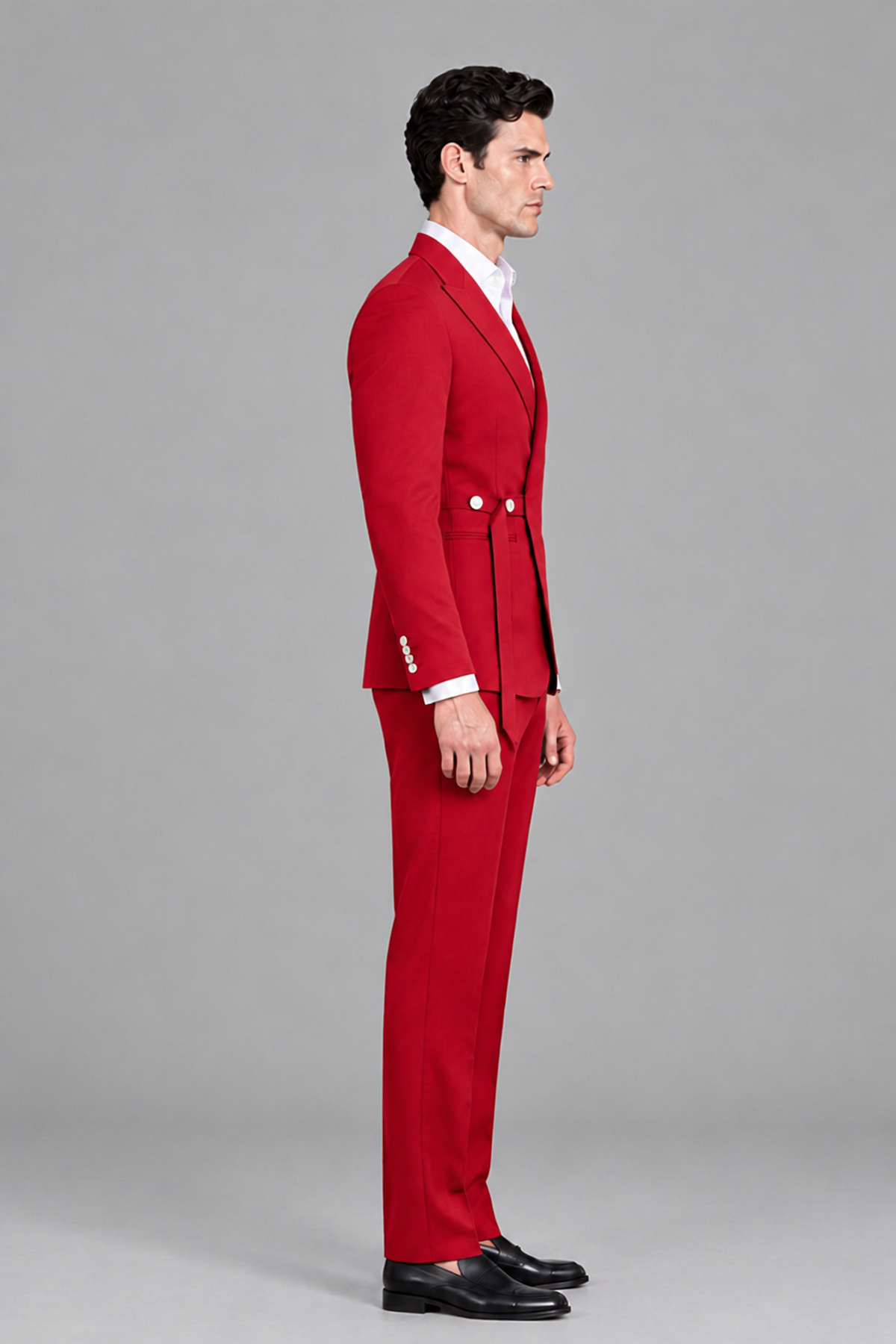 Savile Men's Modern Red 2-Piece Wrap Suit Set – Peak Lapel Side-Button Blazer & Tailored Trousers - Red - Red_4