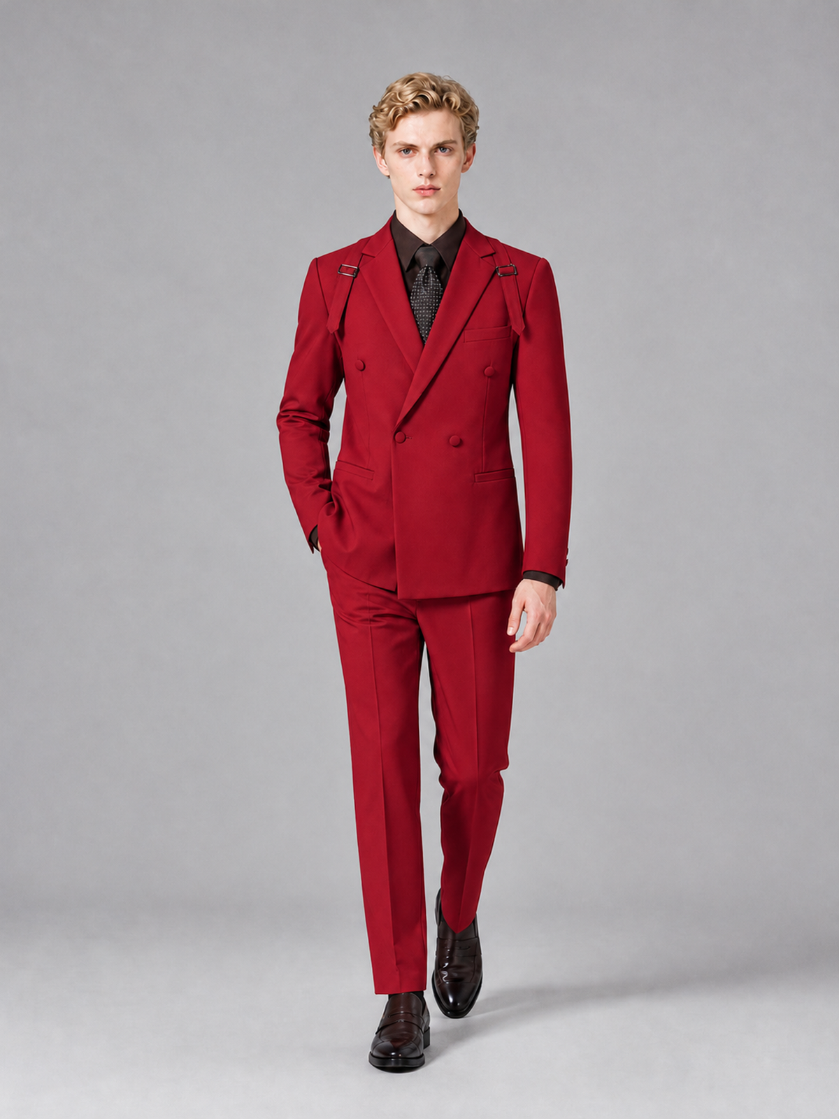 Men's Light Red Double-Breasted Slim Fit 2-Piece Suit – Peak Lapel Wedding & Business Formal Set - Red - Red_4