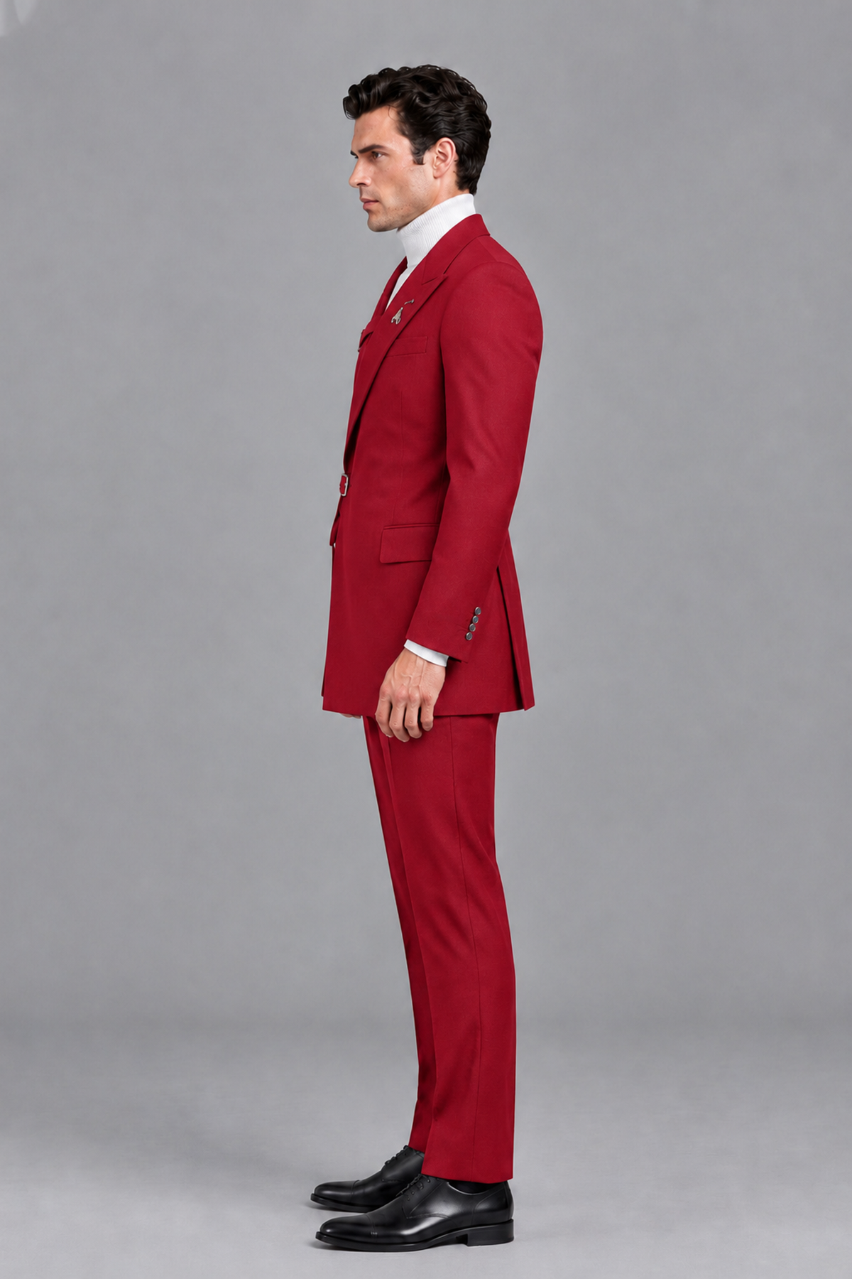 Savile Men's Red Double Buckle Wrap Belted 2-Piece Suit Set – Peak Lapel Slim-Fit Jacket & Trousers - Red - Red_4