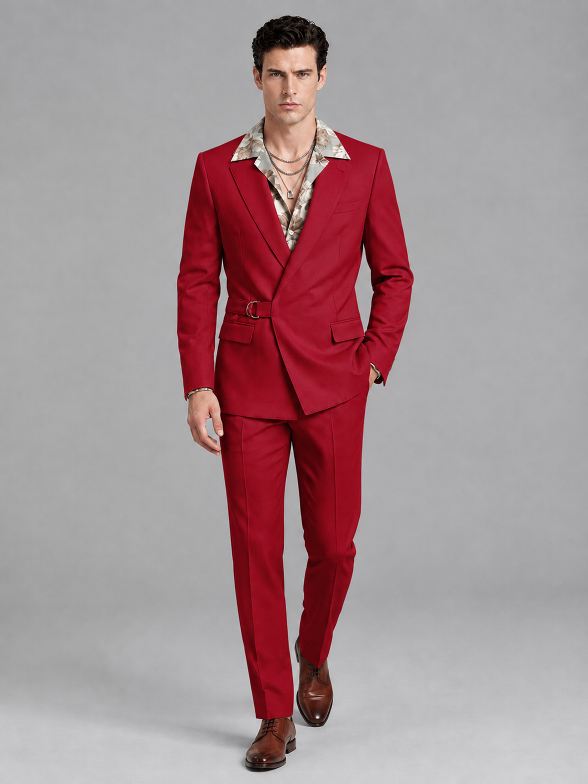 Savile Men's Red Belted Wrap 2-Piece Suit – Peak Lapel Blazer & Tailored Trousers - SUC060 - Red - Red_4