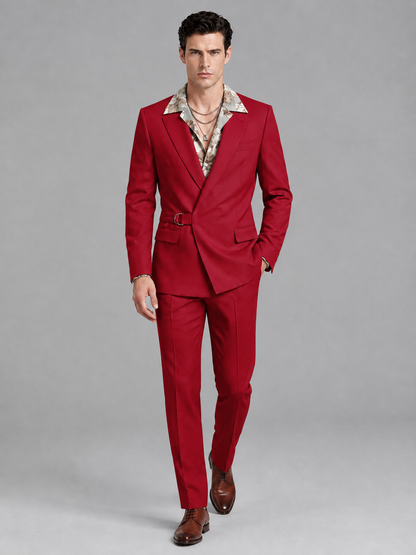 Savile Men's Red Belted Wrap 2-Piece Suit – Peak Lapel Blazer & Tailored Trousers - SUC060 - Red - Red_4