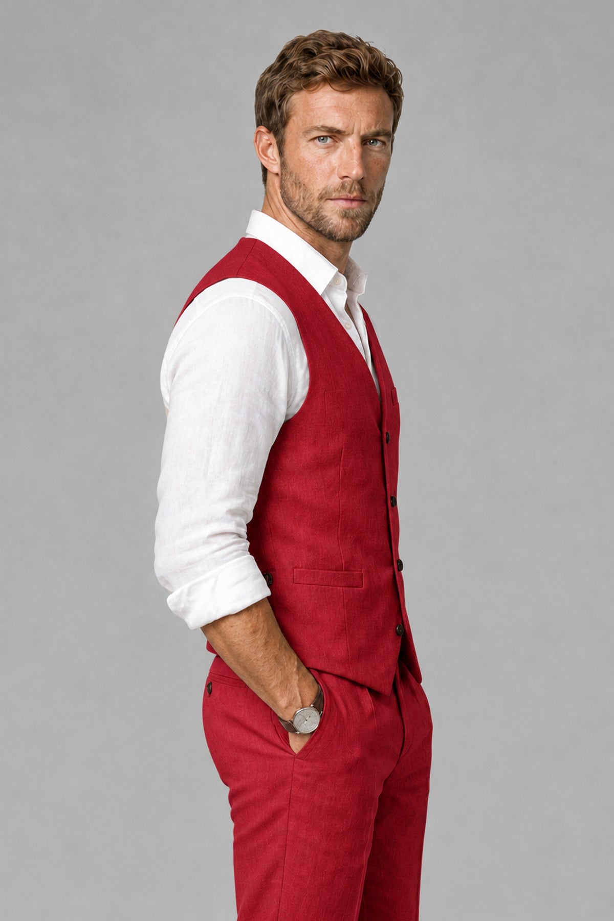 Men's Red Linen Blend Single-Breasted V-Neck Suit Vest | Savile QX0101 - Red