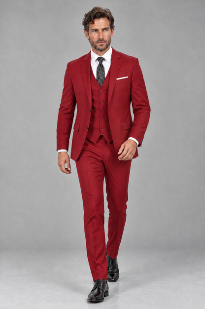 Savile Men's Red 3-Piece Suit Set – Notch Lapel Blazer, Vest & Trousers - Red - Red_4