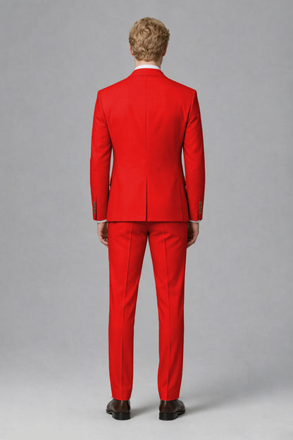 Savile Men's Red Three-Piece Wedding Suit with Double-Breasted Waistcoat - Red
