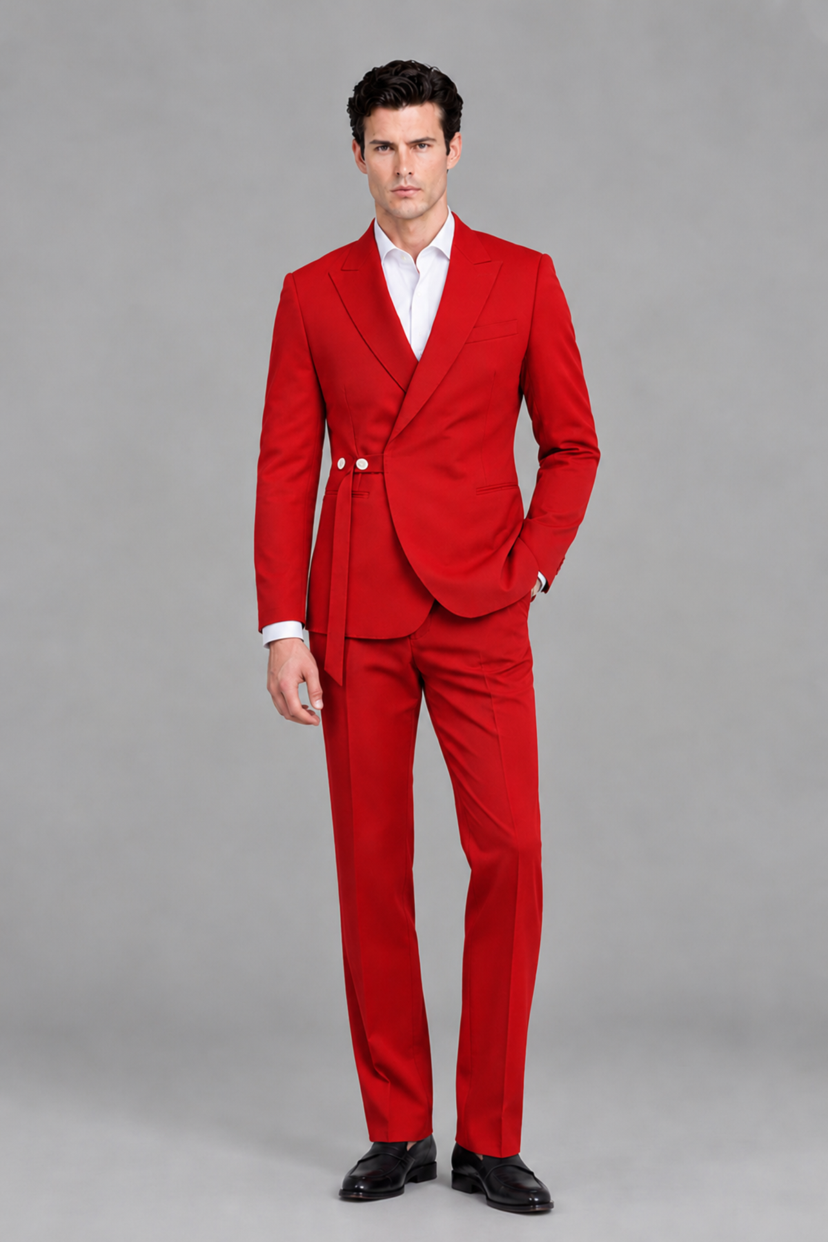 Savile Men's Modern Red 2-Piece Wrap Suit Set – Peak Lapel Side-Button Blazer & Tailored Trousers - Red - Red_5
