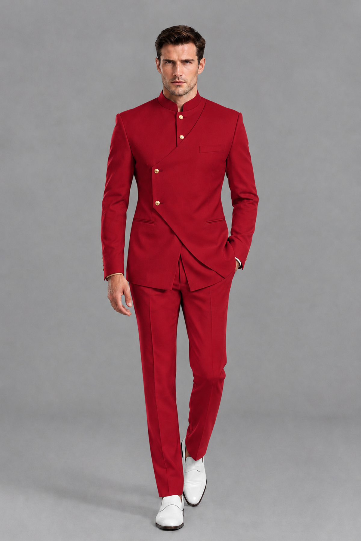 Savile Men's Red Asymmetrical Mandarin Collar Tuxedo Suit – Modern 2-Piece Gold Button Wedding, Prom & Gala Set - Red - Red_5