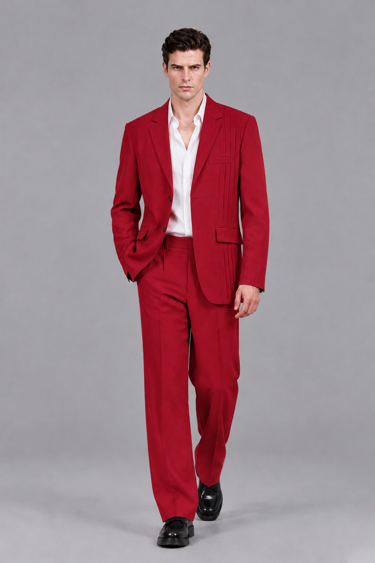 Savile Men's Red Pleated 2-Piece Suit Set | Notch Lapel Blazer & Tailored Trousers - Red - Red_5