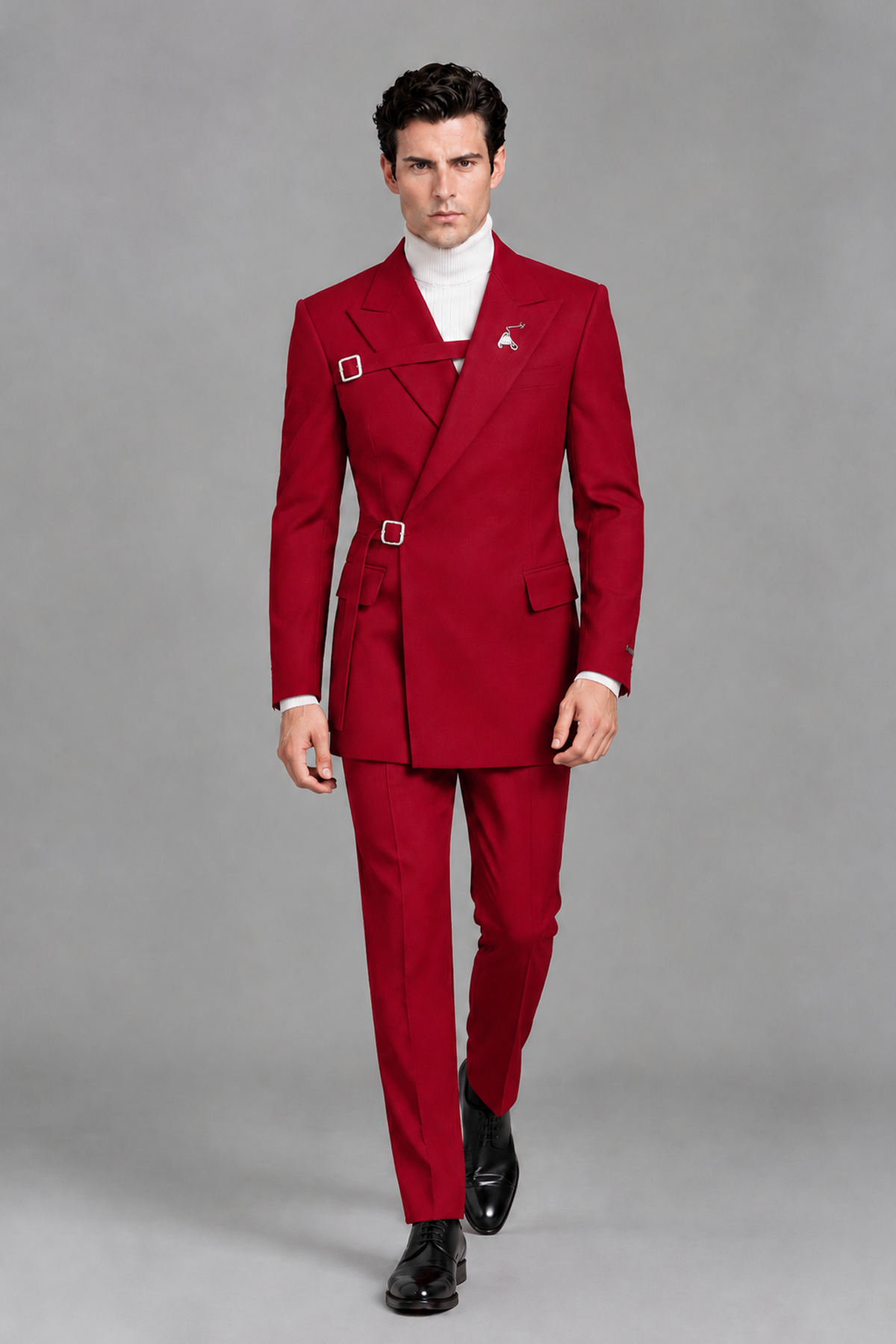 Savile Men's Red Double Buckle Wrap Belted 2-Piece Suit Set – Peak Lapel Slim-Fit Jacket & Trousers - Red - Red_5