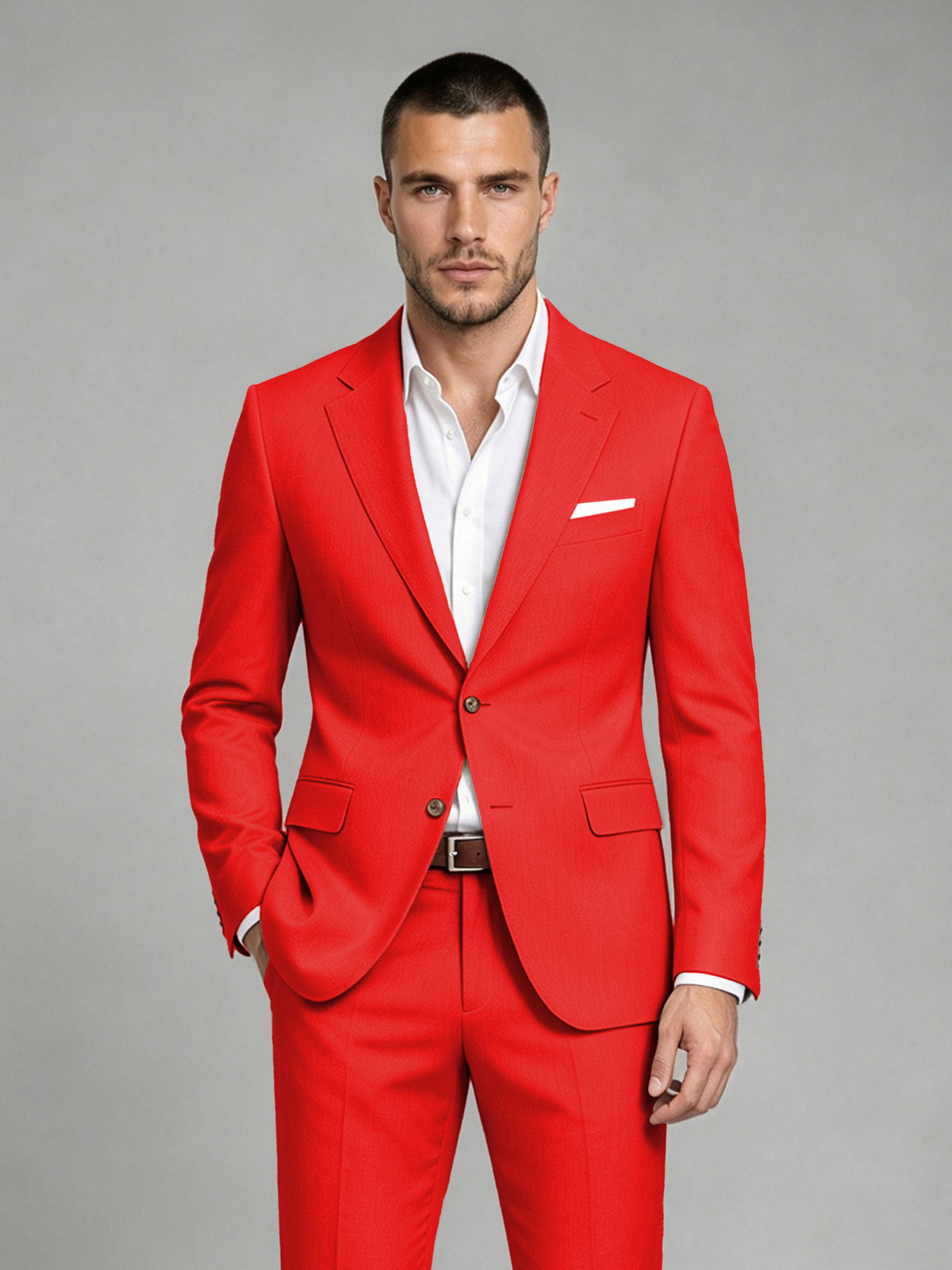 Savile Men's Dark Red Wool-Blend 2-Piece Suit Set – Two-Button Notch Lapel Slim-Fit Blazer & Turn-Up Trousers - Red