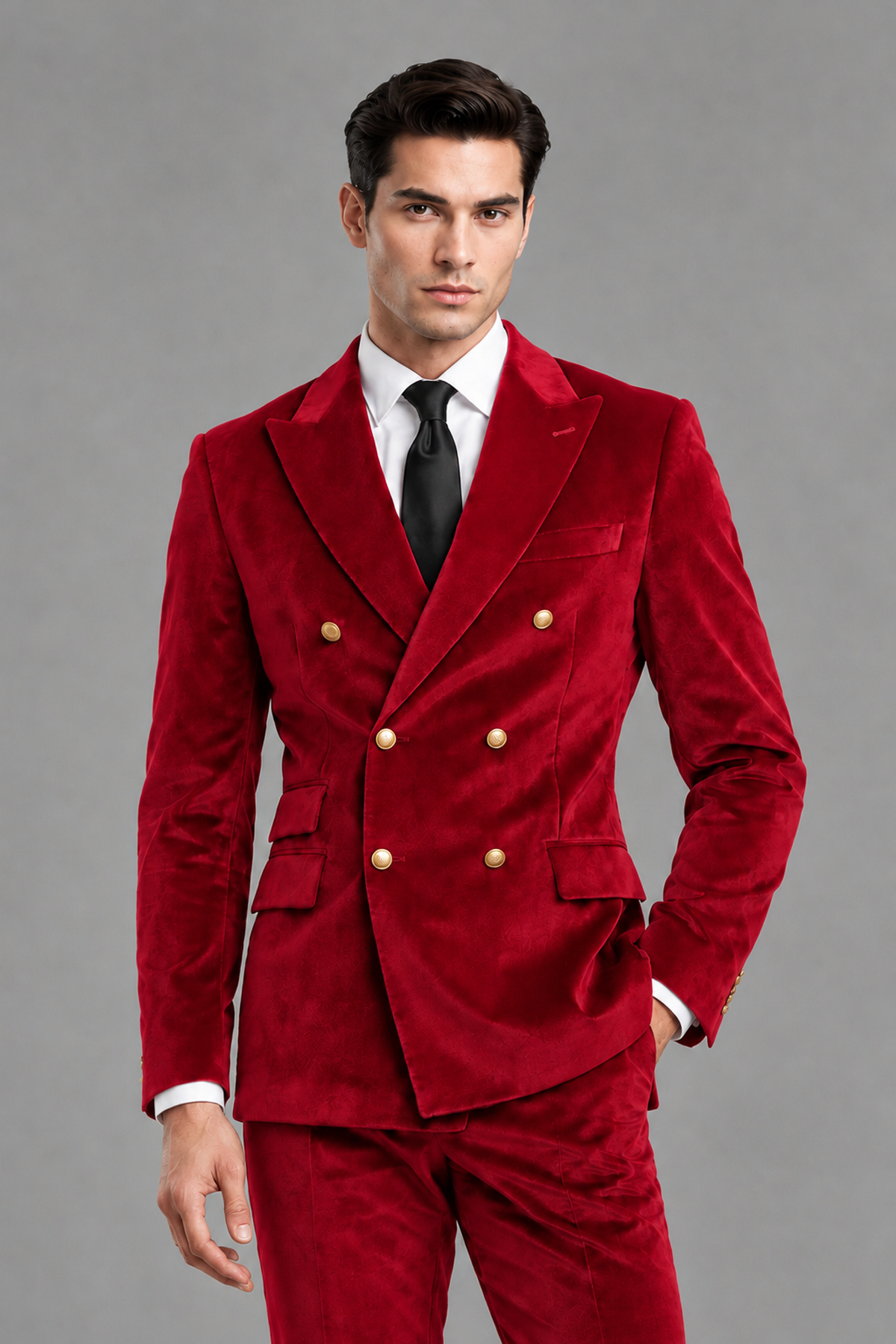 Savile Men's Red Velvet Double-Breasted 2-Piece Suit Set | Peak Lapel Blazer & Trousers - Red