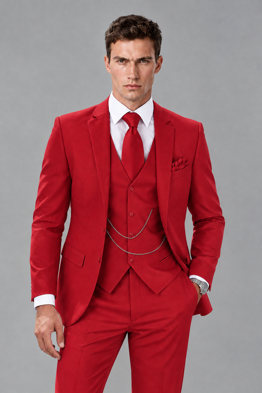 Savile Red 3-Piece Suit with Notch Lapel & Chain Vest - Red
