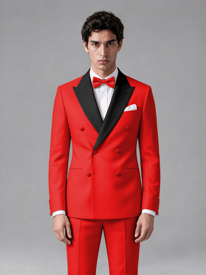 Men's Red Double-Breasted Satin Peak Lapel Tuxedo Suit Set (Jacket + Trousers) - Red