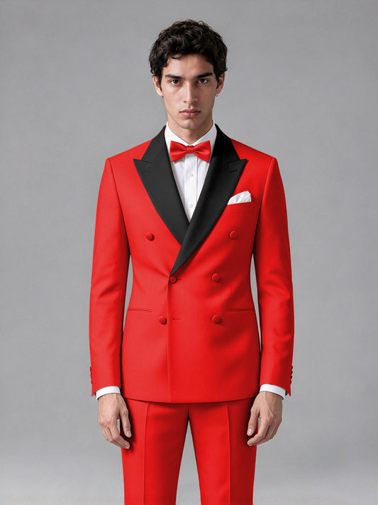 Men's Red Double-Breasted Satin Peak Lapel Tuxedo Suit Set (Jacket + Trousers) - Red