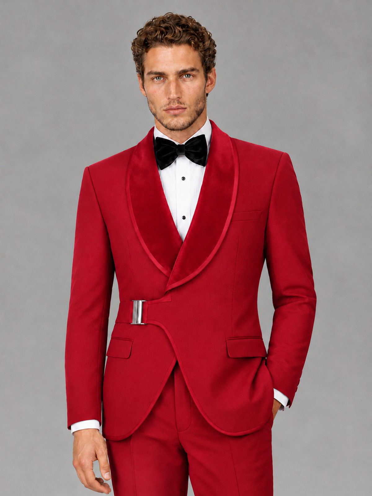 Savile Men's Red Velvet Shawl Lapel Tuxedo Suit – Modern Side-Buckle Dinner Jacket & Trousers 2-Piece Set - Red