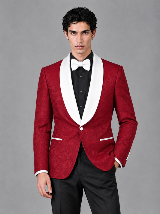 Savile Men's Red Jacquard White Shawl Lapel 2-Piece Tuxedo Suit Set | Jacket & Trousers - Red - Red (1)