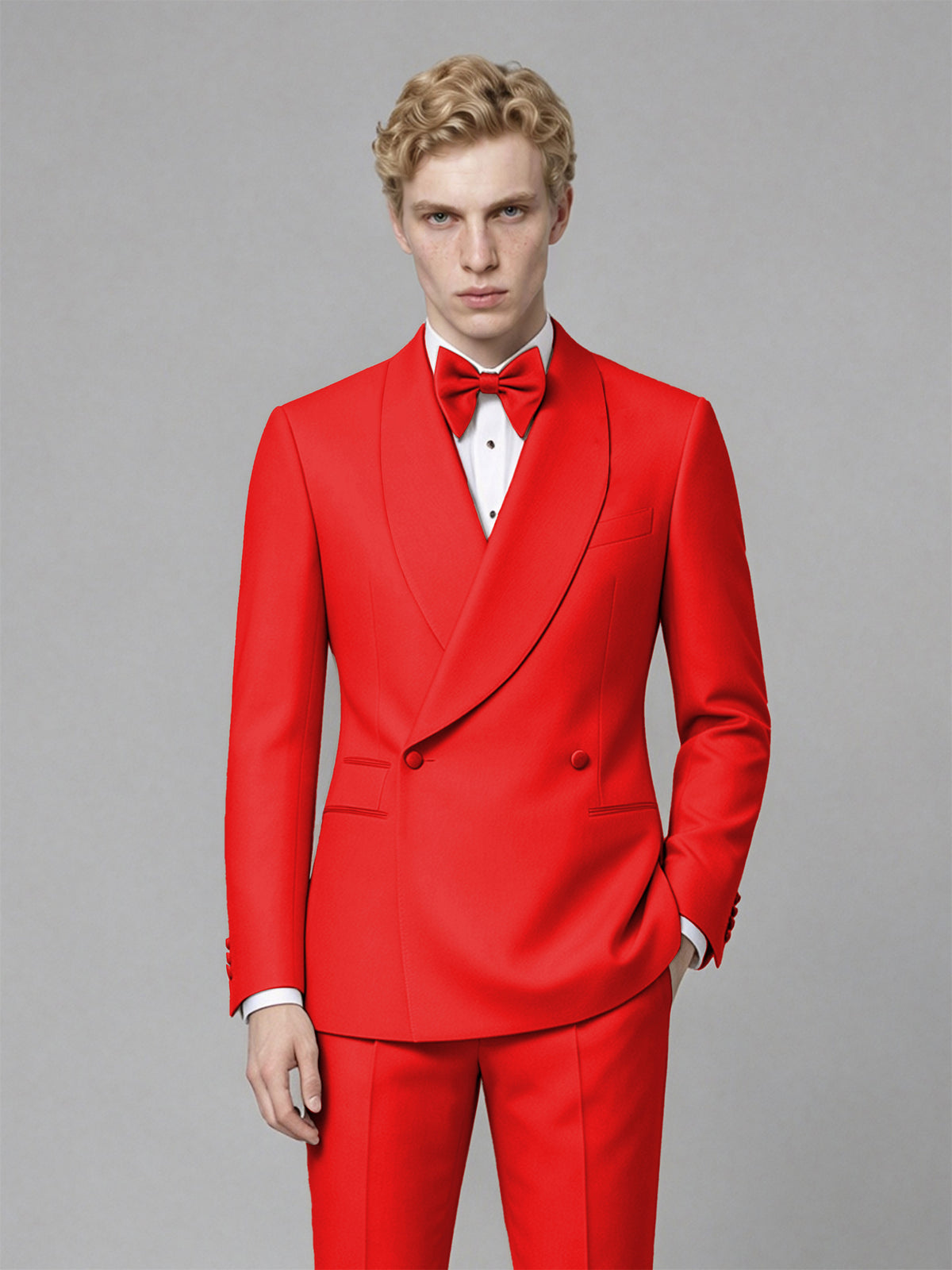 Men's Red Single-Button Red Satin Shawl Lapel Tuxedo Suit Set | Blazer & Trousers - Red