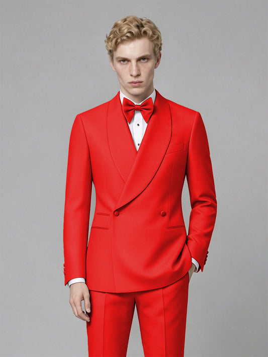 Men's Red Single-Button Red Satin Shawl Lapel Tuxedo Suit Set | Blazer & Trousers - Red