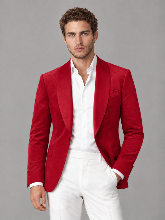 Savile Men's Red Velvet Shawl Lapel 2-Piece Tuxedo Suit Set | Jacket & White Trousers - Red - Red (1)
