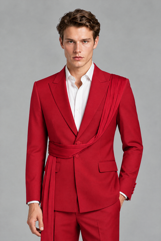 Men's Red Draped Sash Suit – Peak Lapel 2-Piece Slim Fit Party, Gala & Wedding Set - Red