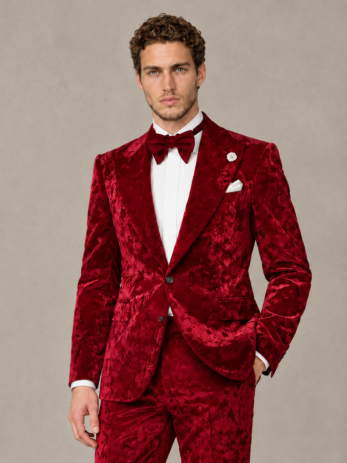 Savile Men's Red Crushed Velvet Peak Lapel 2-Piece Suit Set | Jacket & Trousers - Red - Red (1)