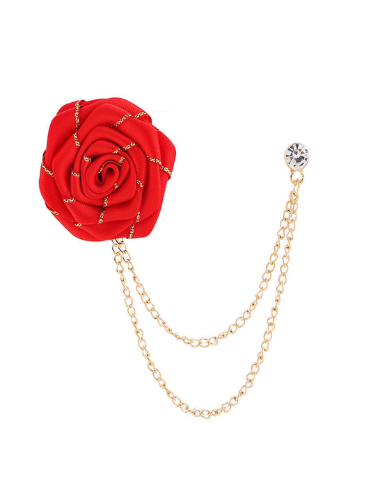 Savile Men's Red Fabric Rose Lapel Pin with Gold Hanging Chains | Formal Crystal Boutonniere Tuxedo Brooch - Red