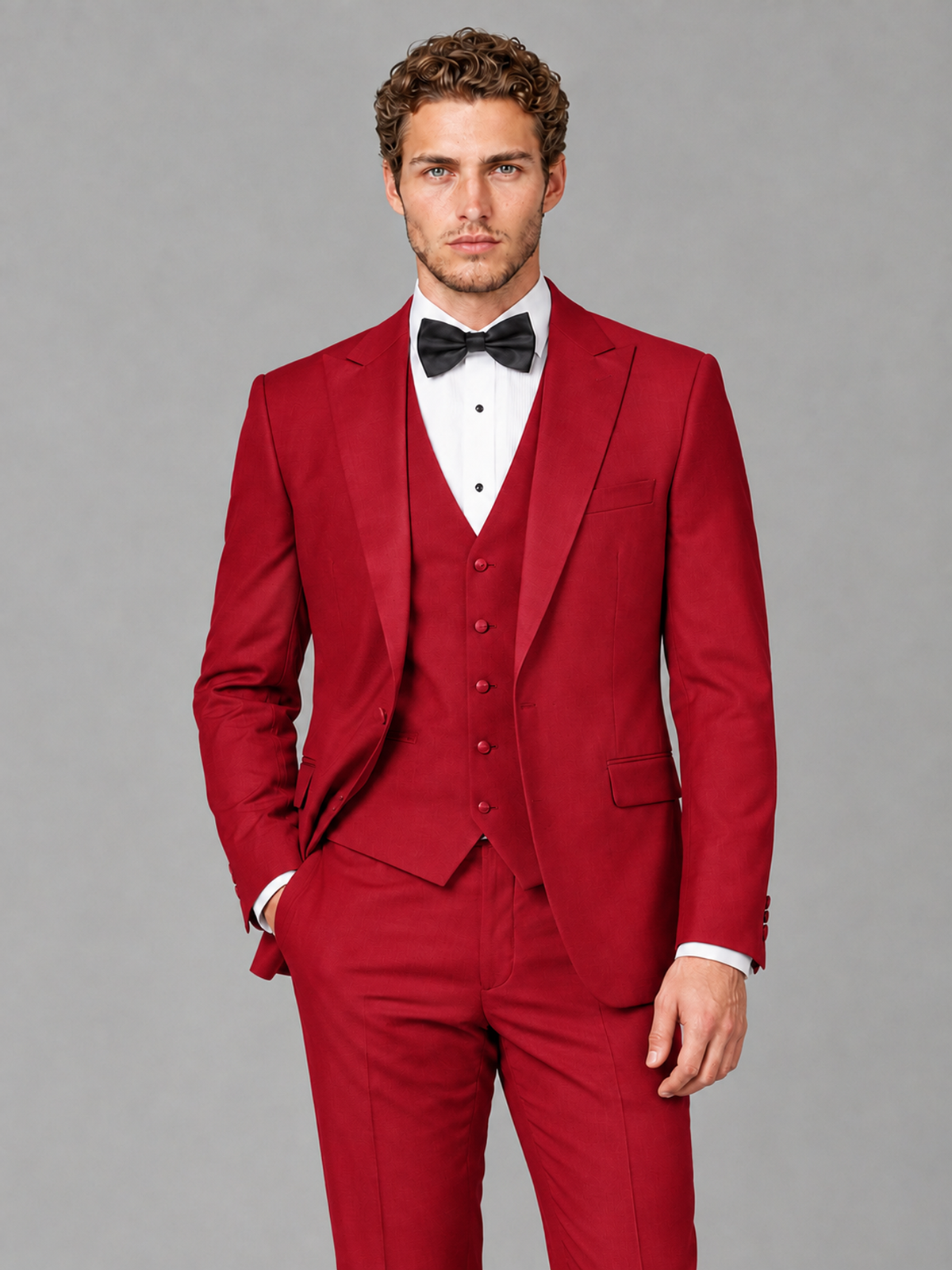 Savile Men's Red Peak Lapel 3-Piece Tuxedo Suit | Jacket, Vest & Trousers - Red