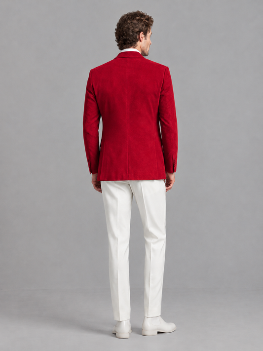 Savile Men's Red Velvet Shawl Lapel 2-Piece Tuxedo Suit Set | Jacket & White Trousers - Red - Red (2)