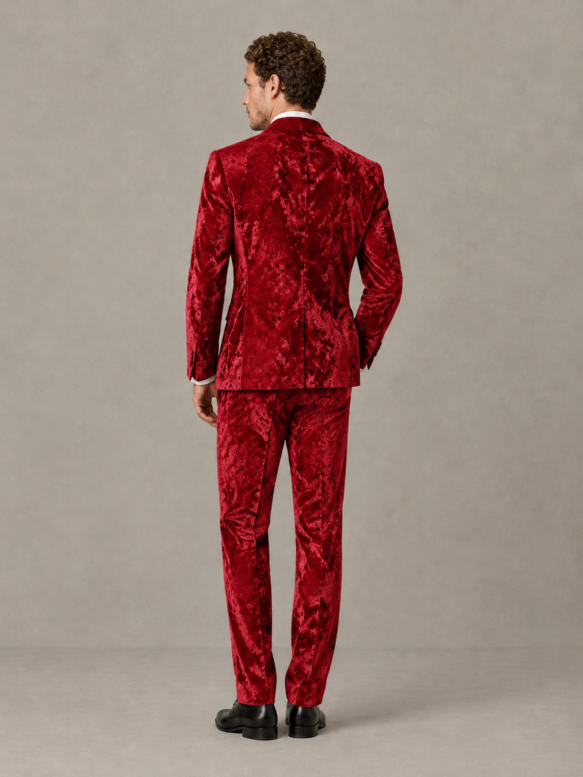 Savile Men's Red Crushed Velvet Peak Lapel 2-Piece Suit Set | Jacket & Trousers - Red - Red (2)