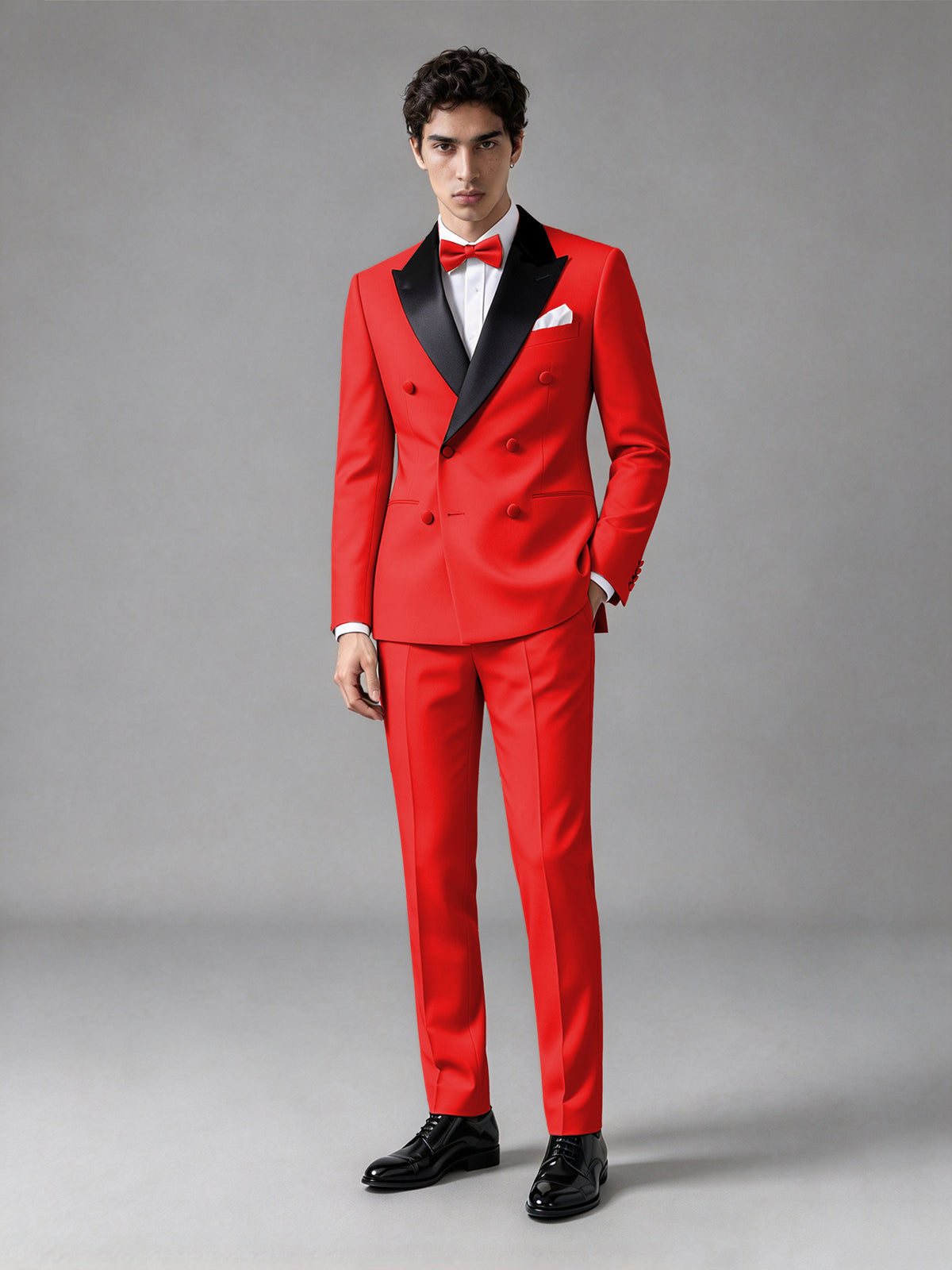 Men's Red Double-Breasted Satin Peak Lapel Tuxedo Suit Set (Jacket + Trousers) - Red