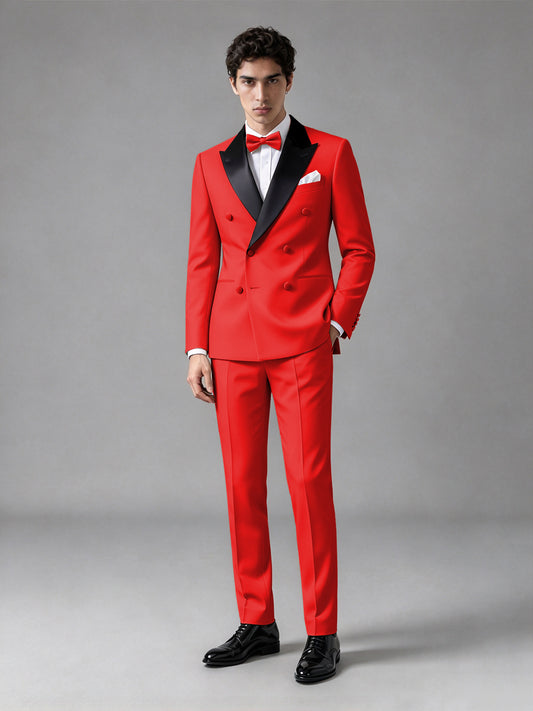 Men's Red Double-Breasted Satin Peak Lapel Tuxedo Suit Set (Jacket + Trousers) - Red