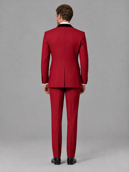 Savile Men's Red Velvet Shawl Lapel Tuxedo Suit – Modern Side-Buckle Dinner Jacket & Trousers 2-Piece Set - Red