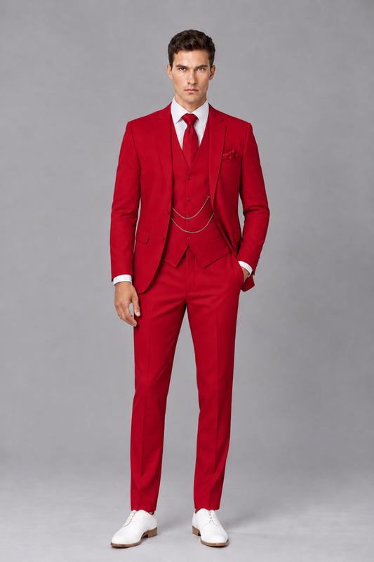 Savile Red 3-Piece Suit with Notch Lapel & Chain Vest - Red