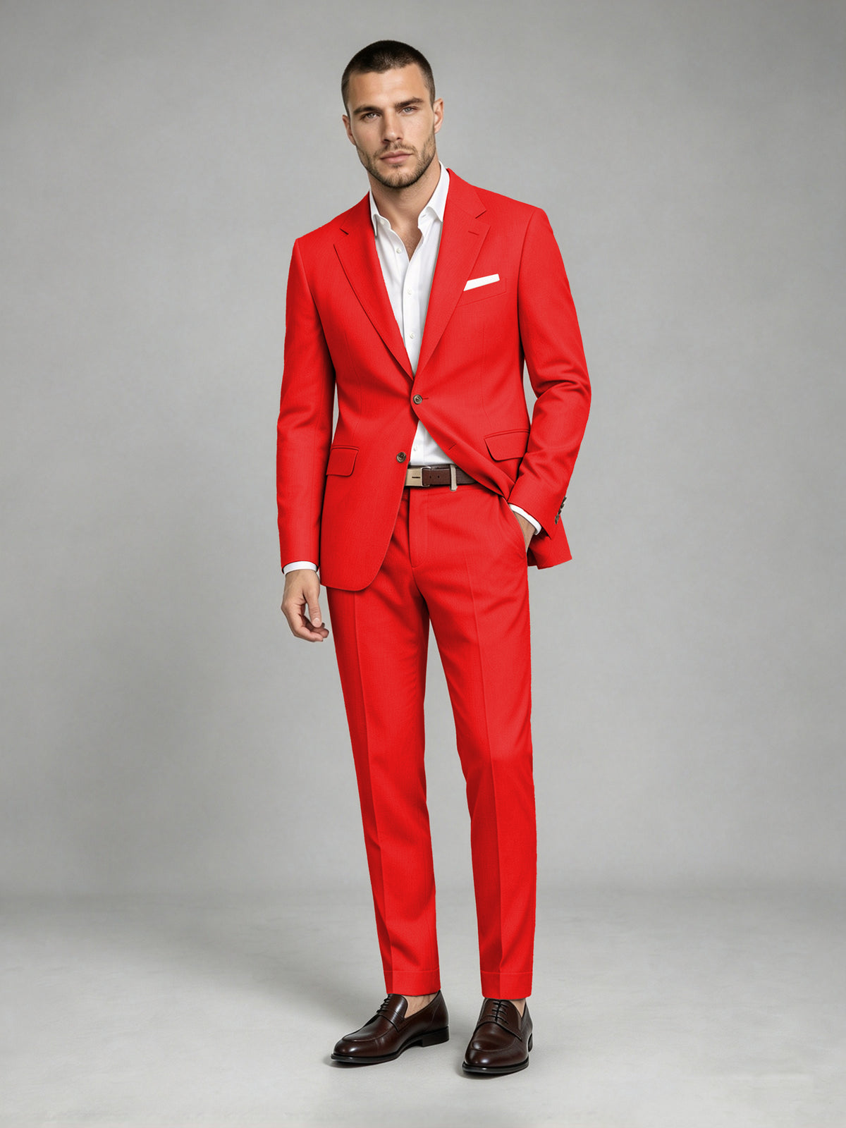 Savile Men's Dark Red Wool-Blend 2-Piece Suit Set – Two-Button Notch Lapel Slim-Fit Blazer & Turn-Up Trousers - Red