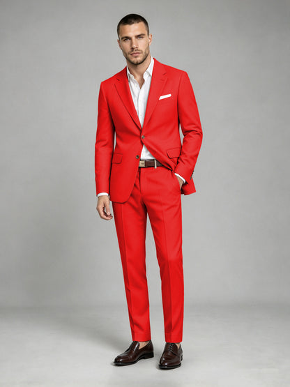 Savile Men's Dark Red Wool-Blend 2-Piece Suit Set – Two-Button Notch Lapel Slim-Fit Blazer & Turn-Up Trousers - Red