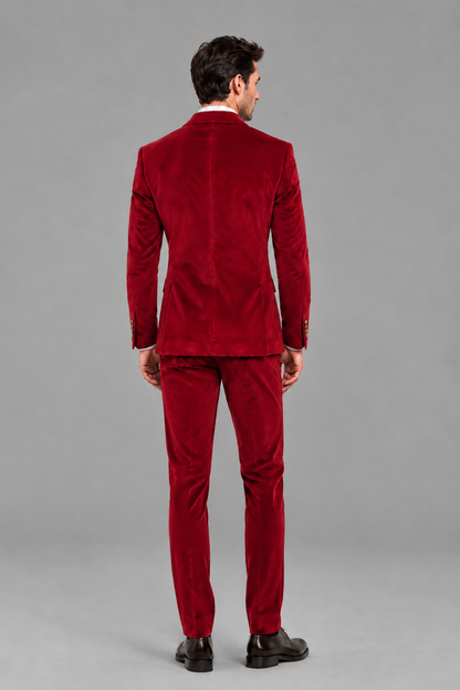 Savile Men's Red Velvet Double-Breasted 2-Piece Suit Set | Peak Lapel Blazer & Trousers - Red