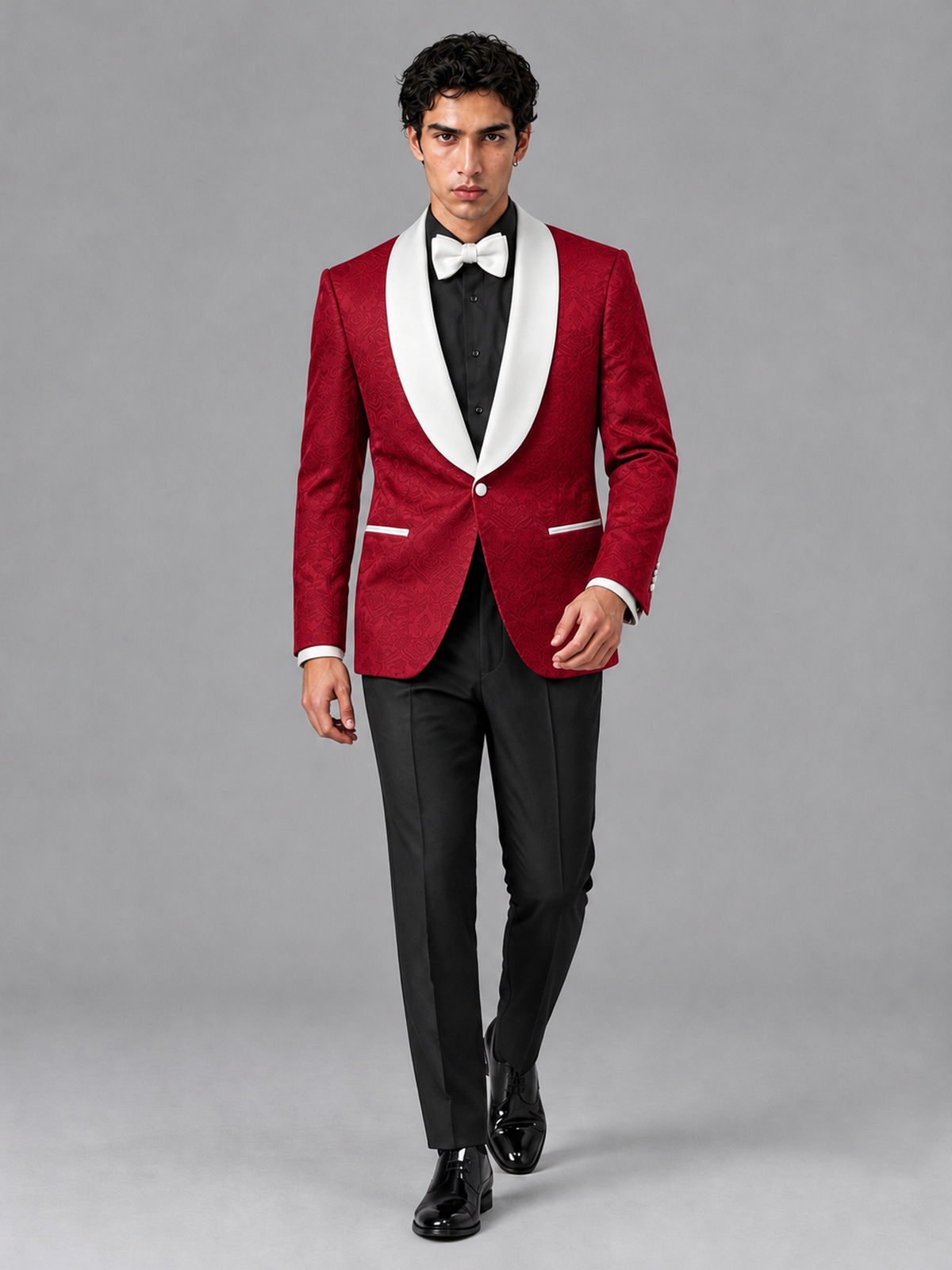 Savile Men's Red Jacquard White Shawl Lapel 2-Piece Tuxedo Suit Set | Jacket & Trousers - Red - Red (3)