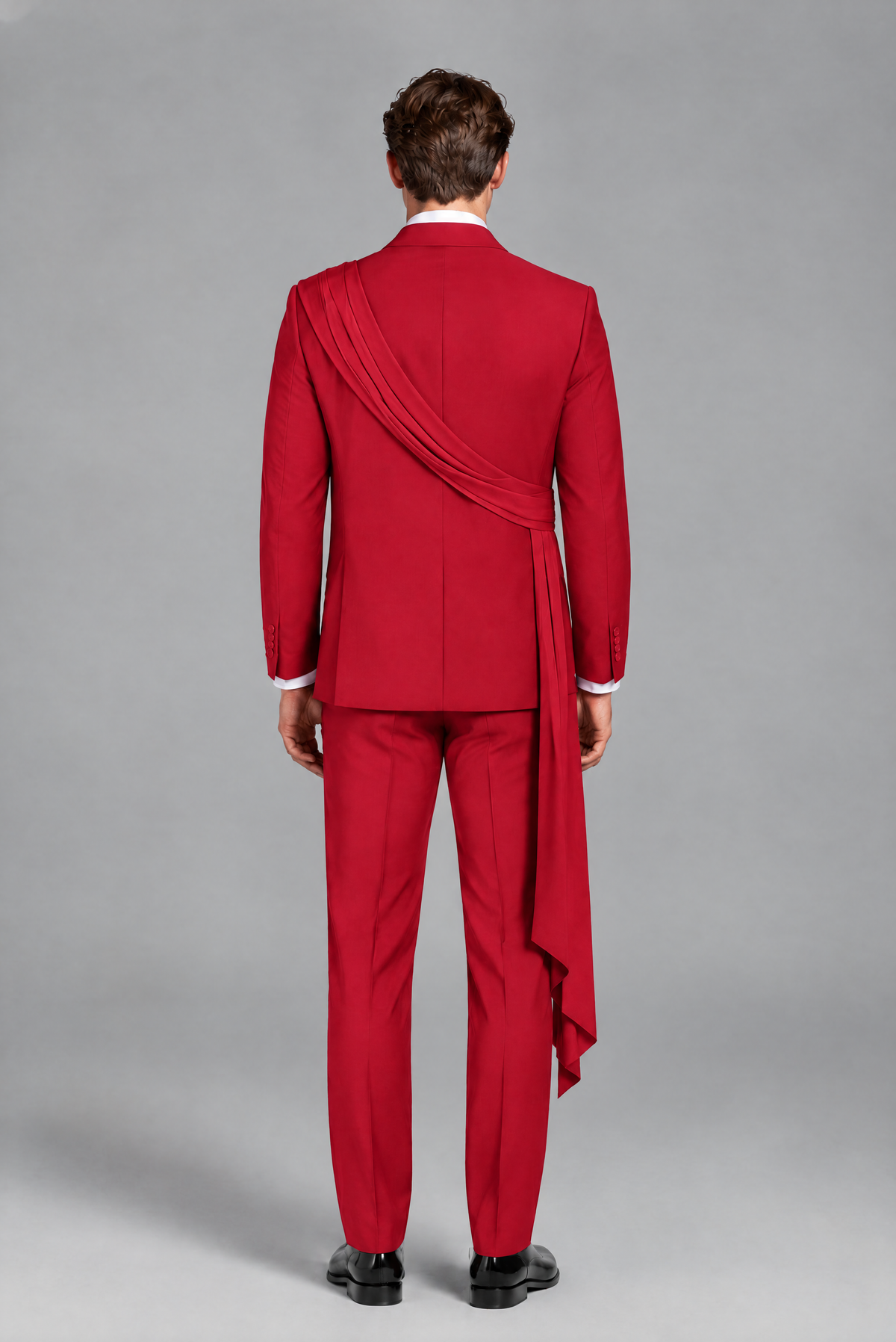 Men's Red Draped Sash Suit – Peak Lapel 2-Piece Slim Fit Party, Gala & Wedding Set - Red