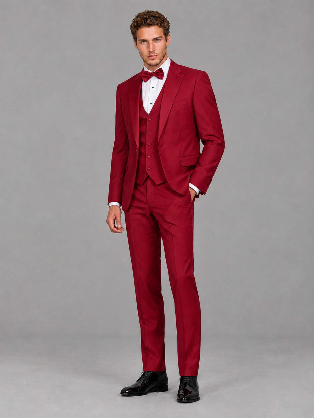 Savile Men's Red Peak Lapel 3-Piece Tuxedo Suit | Jacket, Vest & Trousers - Red