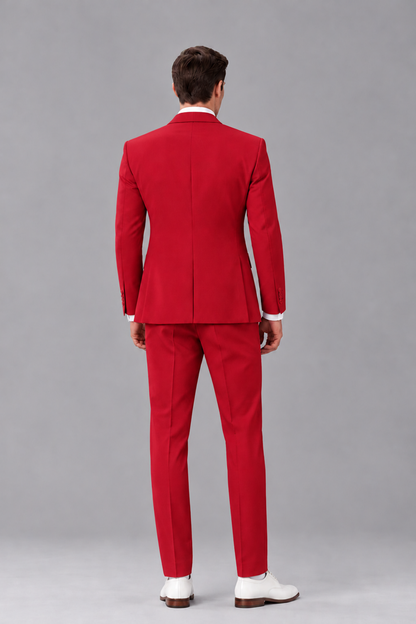 Savile Red 3-Piece Suit with Notch Lapel & Chain Vest - Red